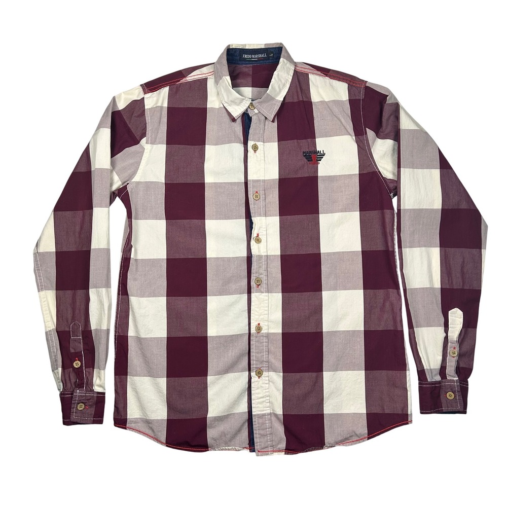 Fredd Marshall Mens Burgundy White Buffalo Check Long Sl Button Up Shirt Size‎ L